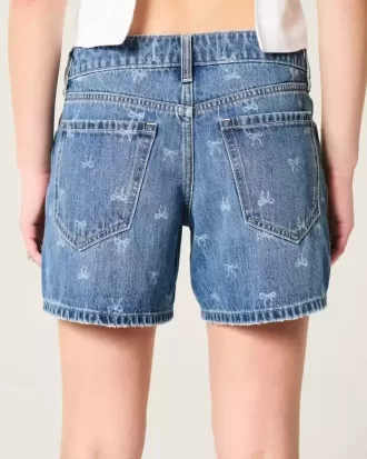 Low-Rise Bow Pattern Baggy Denim Shorts
