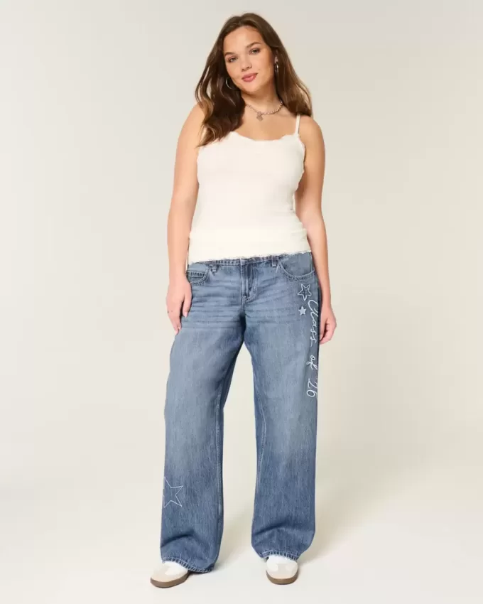 Low-Rise Dark Wash Class of ’26 Embroidered Baggy Jeans
