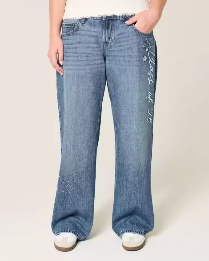 Low-Rise Dark Wash Class of ’26 Embroidered Baggy Jeans