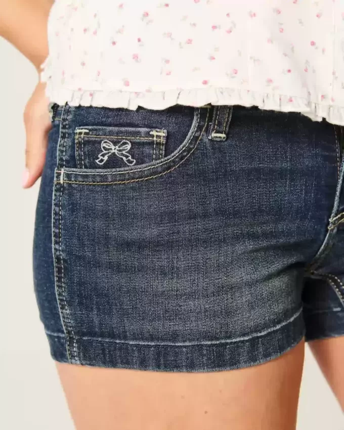 Low-Rise Dark Wash Embroidered Denim Shortie Shorts