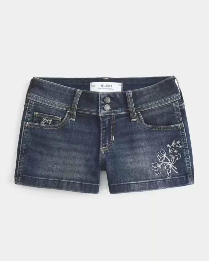 Low-Rise Dark Wash Embroidered Denim Shortie Shorts