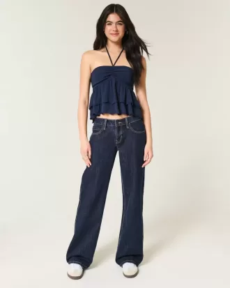 Low-Rise Dark Wash Foldover Waist Baggy Jeans