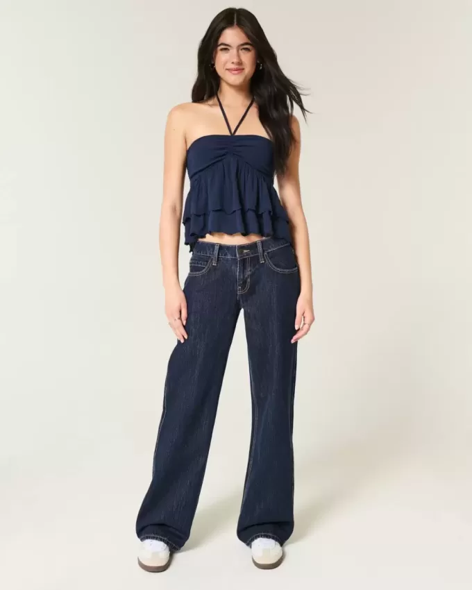 Low-Rise Dark Wash Foldover Waist Baggy Jeans