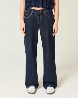 Low-Rise Dark Wash Foldover Waist Baggy Jeans
