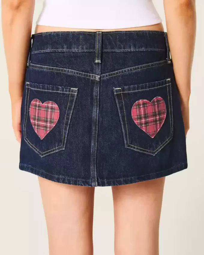 Low-Rise Dark Wash Plaid Pocket Denim Mini Skort Low-Rise Dark Wash Plaid Pocket Denim Mini Skort