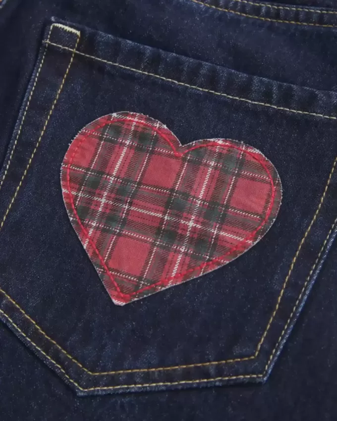 Low-Rise Dark Wash Plaid Pocket Denim Mini Skort Low-Rise Dark Wash Plaid Pocket Denim Mini Skort