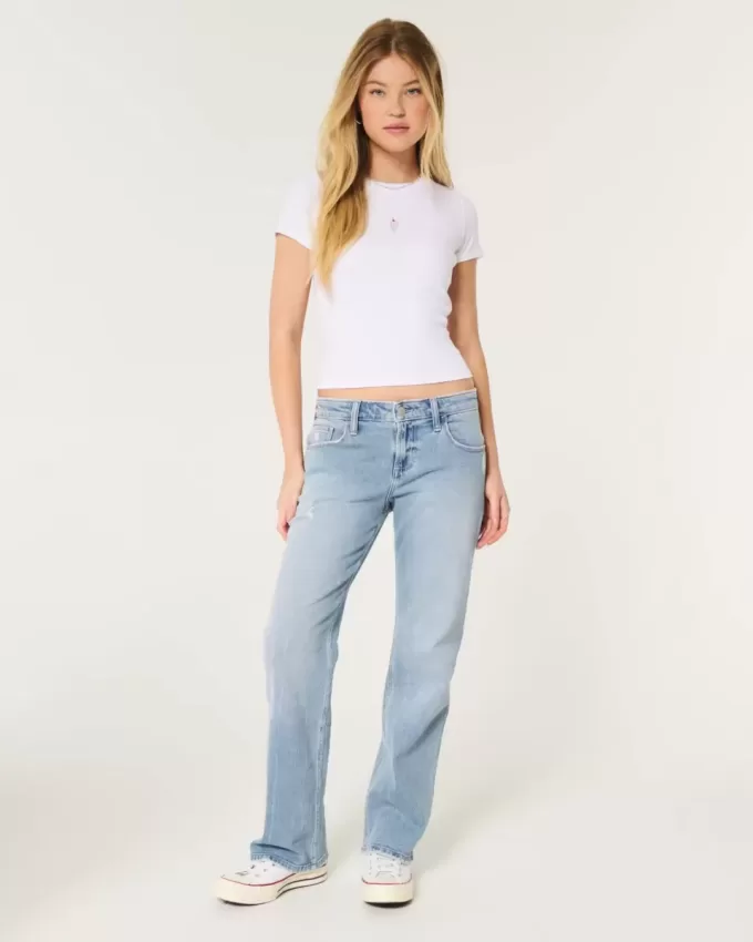 Low-Rise Distressed Medium Wash Relaxed Straight Jeans