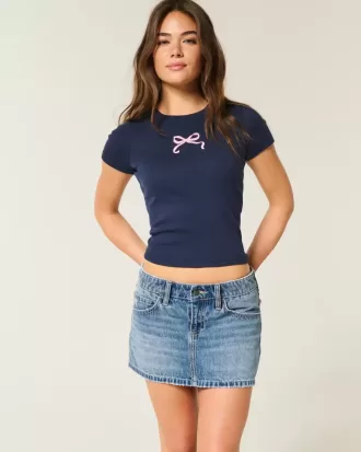 Low-Rise Embroidered Bow Denim Mini Skort