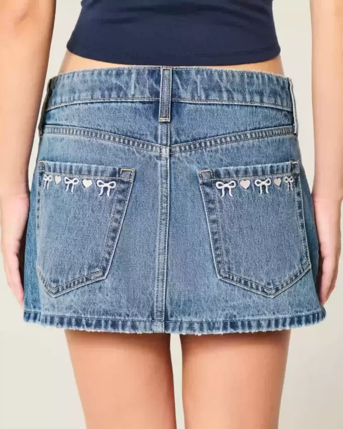 Low-Rise Embroidered Bow Denim Mini Skort
