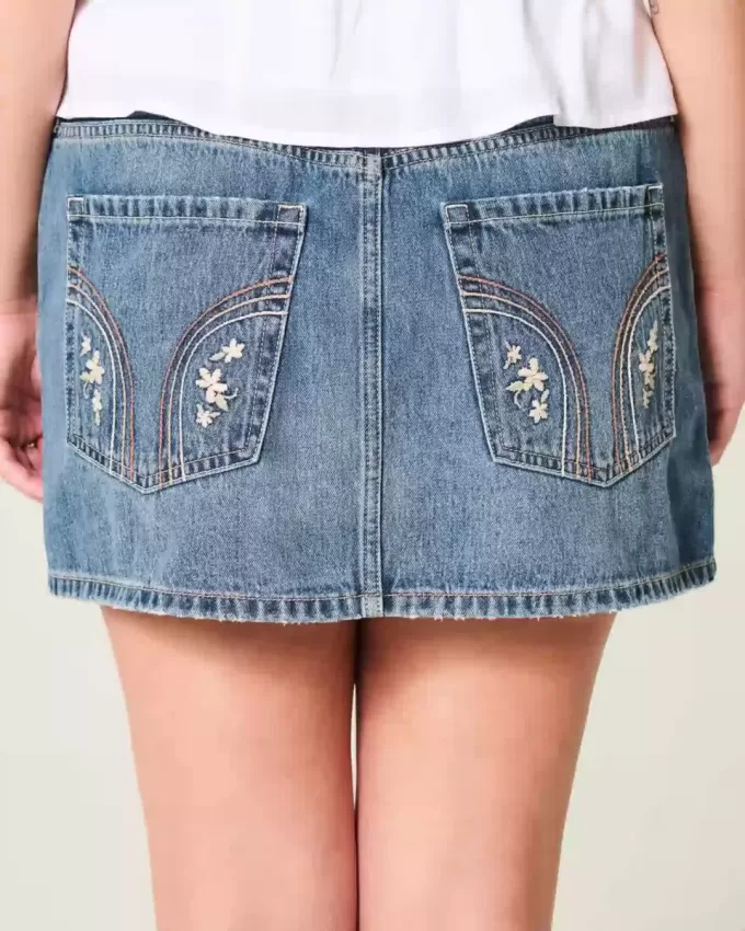 Low-Rise Embroidered Denim Mini Skort