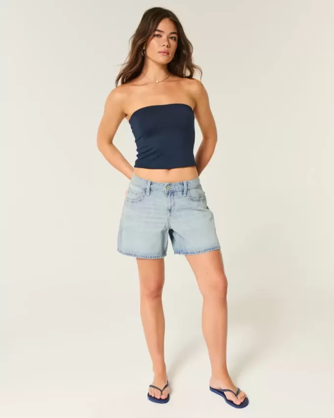 Low-Rise Light Wash Foldover Waist Baggy Denim Shorts 5″