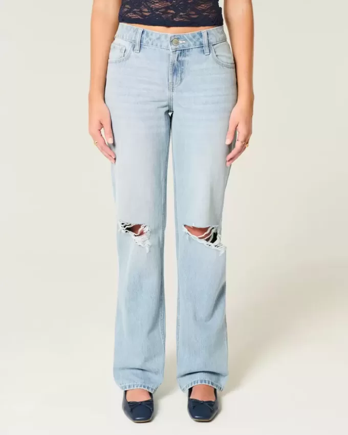 Low-Rise Light Wash Ripped Loose Jeans