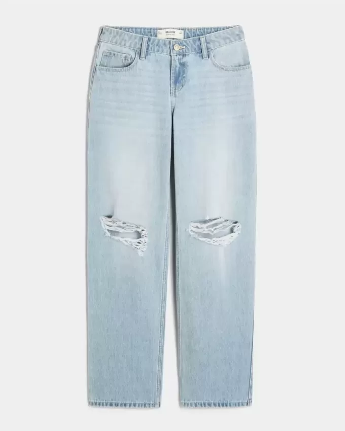 Low-Rise Light Wash Ripped Loose Jeans