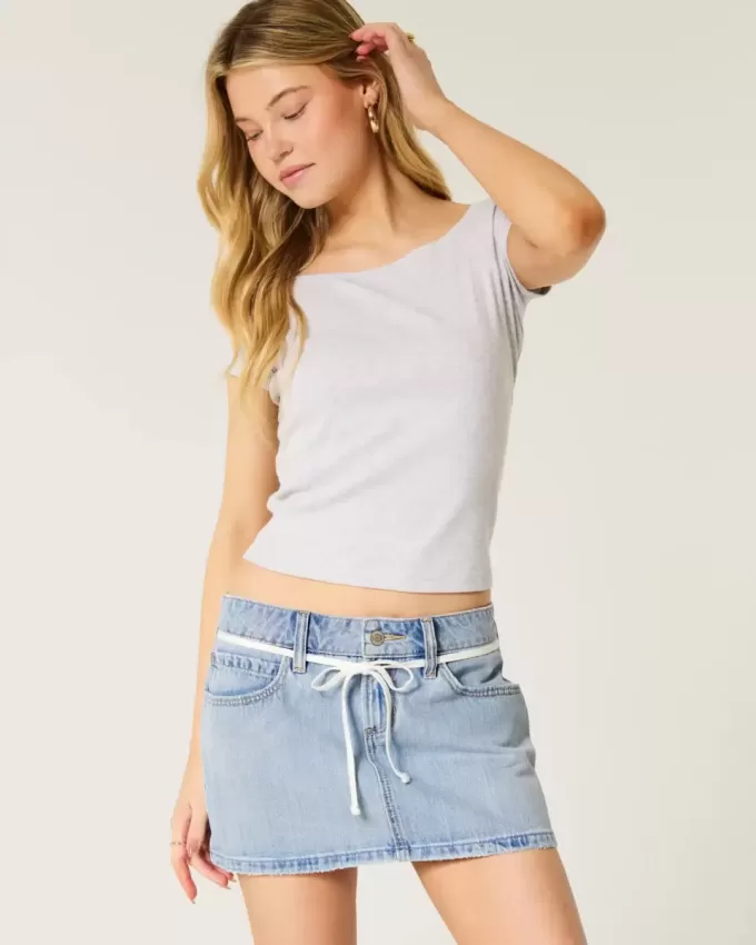 Low-Rise Light Wash Shoelace Denim Mini Skort
