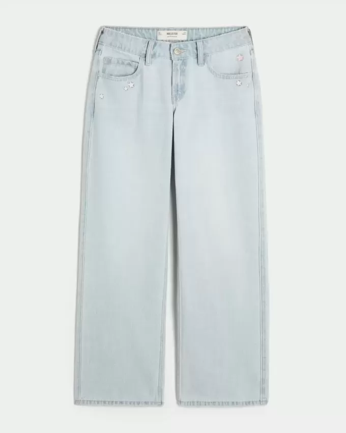 Low-Rise Light Wash Star Embroidery Baggy Jeans