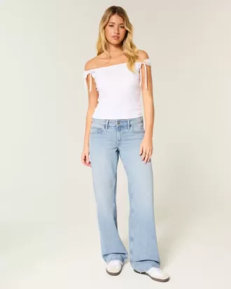 Low-Rise Light Wash Studded Bows Baggy Jeans