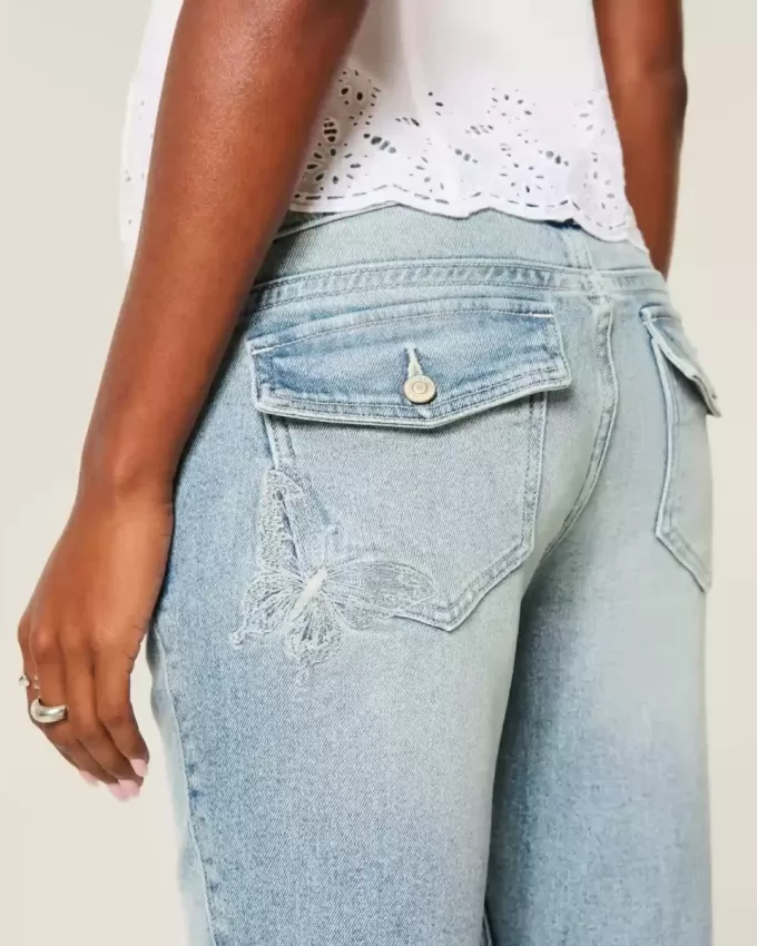Low-Rise Medium Wash Embroidered Butterfly Bootcut Jeans