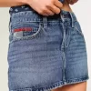 Low-Rise Medium Wash Flag Embroidered Denim Mini Skort