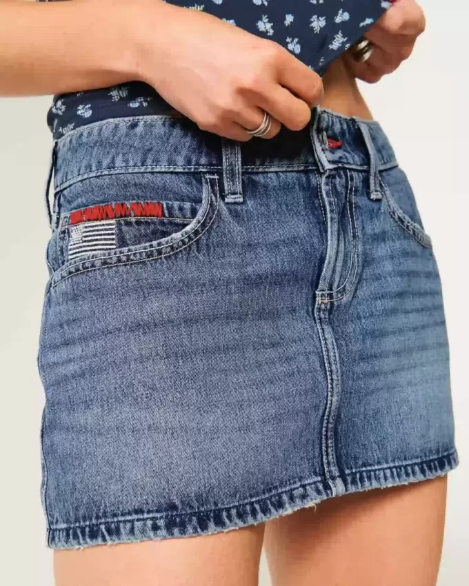 Low-Rise Medium Wash Flag Embroidered Denim Mini Skort