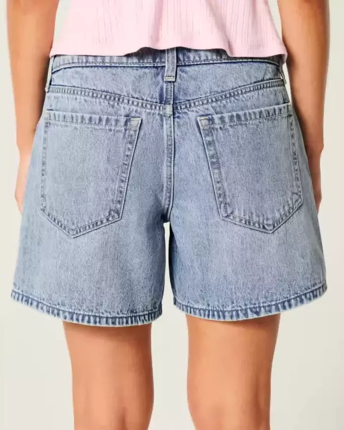 Low-Rise Medium Wash Foldover Waist Baggy Denim Shorts 5″
