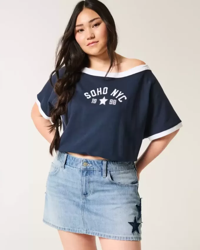 Low-Rise Medium Wash Star Applique Denim Mini Skort