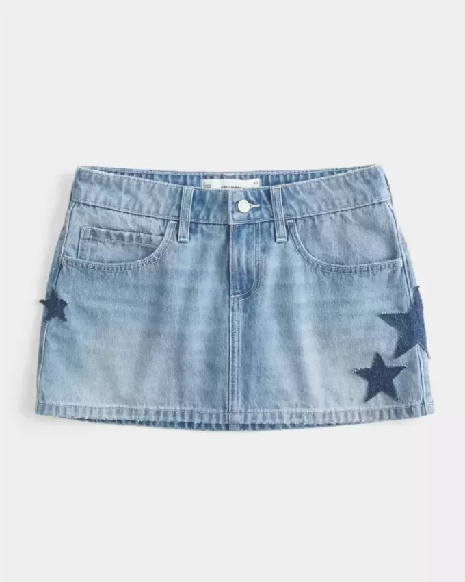 Low-Rise Medium Wash Star Applique Denim Mini Skort