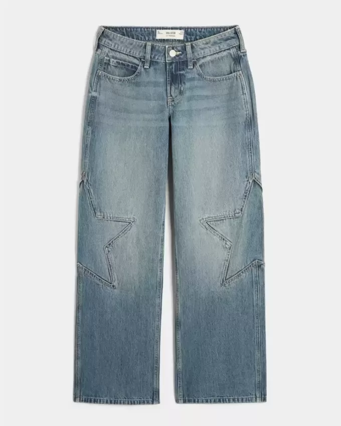 Low-Rise Medium Wash Star Graphic Baggy Jeans