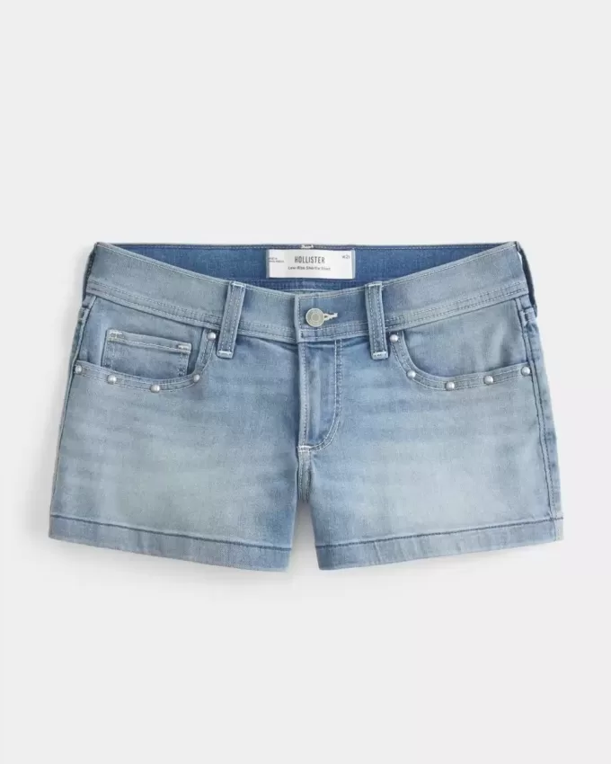 Low-Rise Medium Wash Studded Denim Shortie Shorts