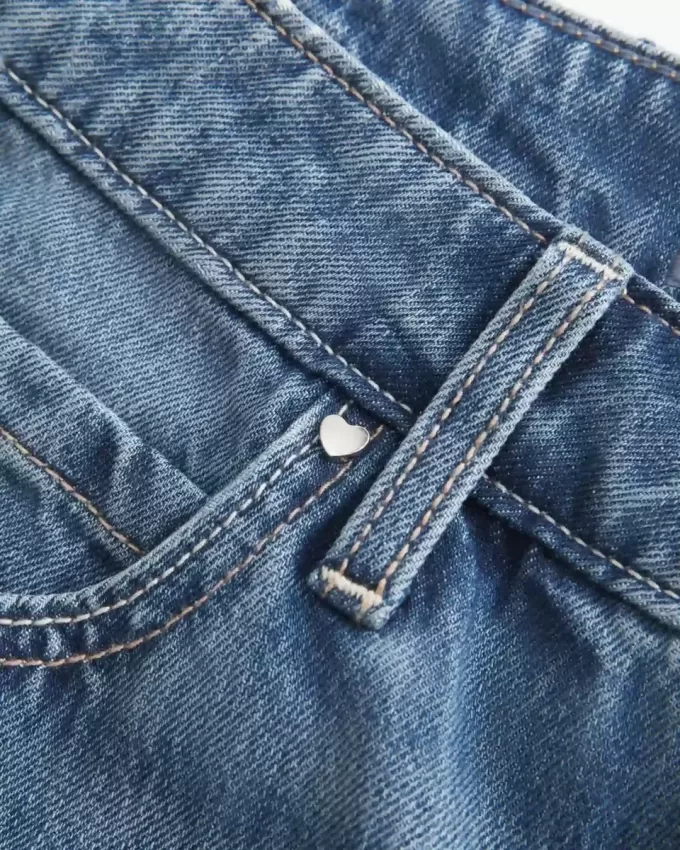 Low-Rise Medium Wash Studded Hearts Baggy Jeans