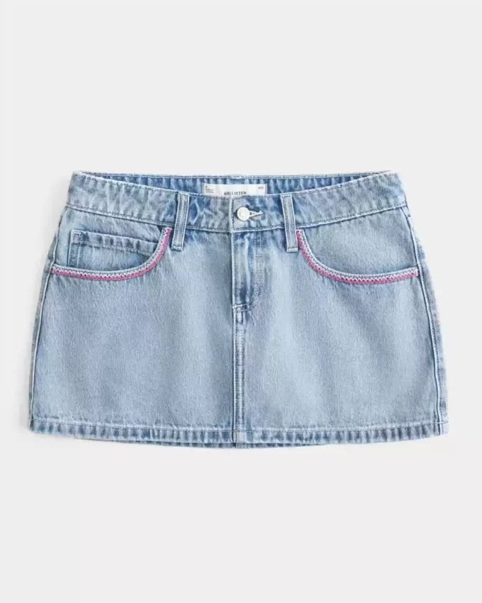 Low-Rise Pink Embroidered Light Wash Denim Mini Skort