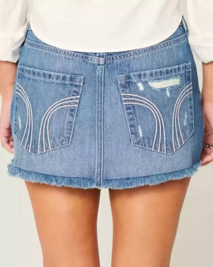 Low-Rise Ripped Dark Wash Denim Mini Skort