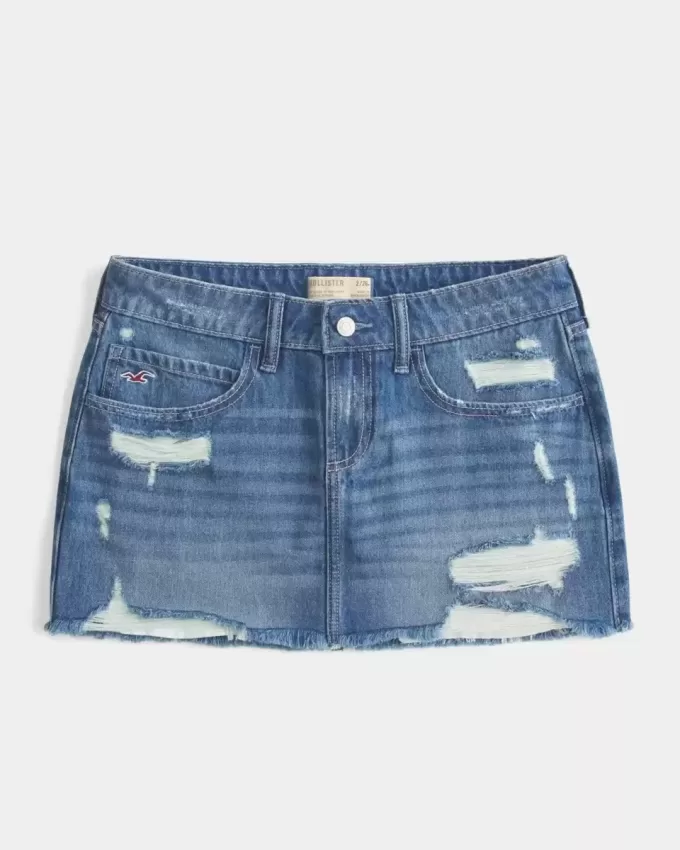 Low-Rise Ripped Dark Wash Denim Mini Skort