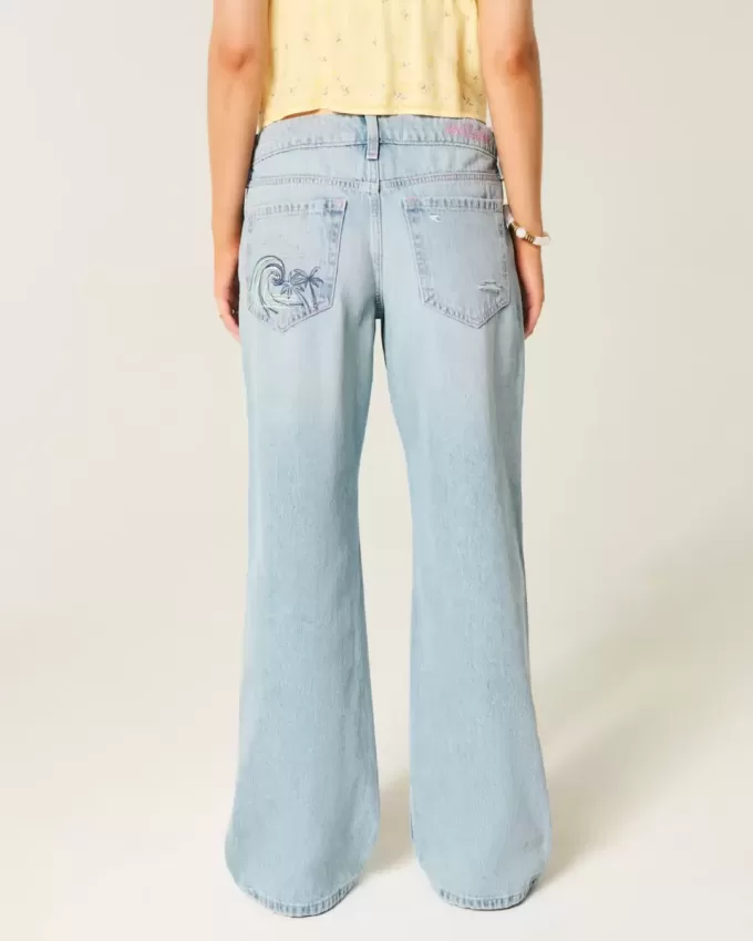 Low-Rise Ripped Light Wash Graphic Baggy Jeans