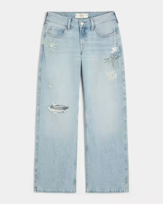 Low-Rise Ripped Light Wash Graphic Baggy Jeans