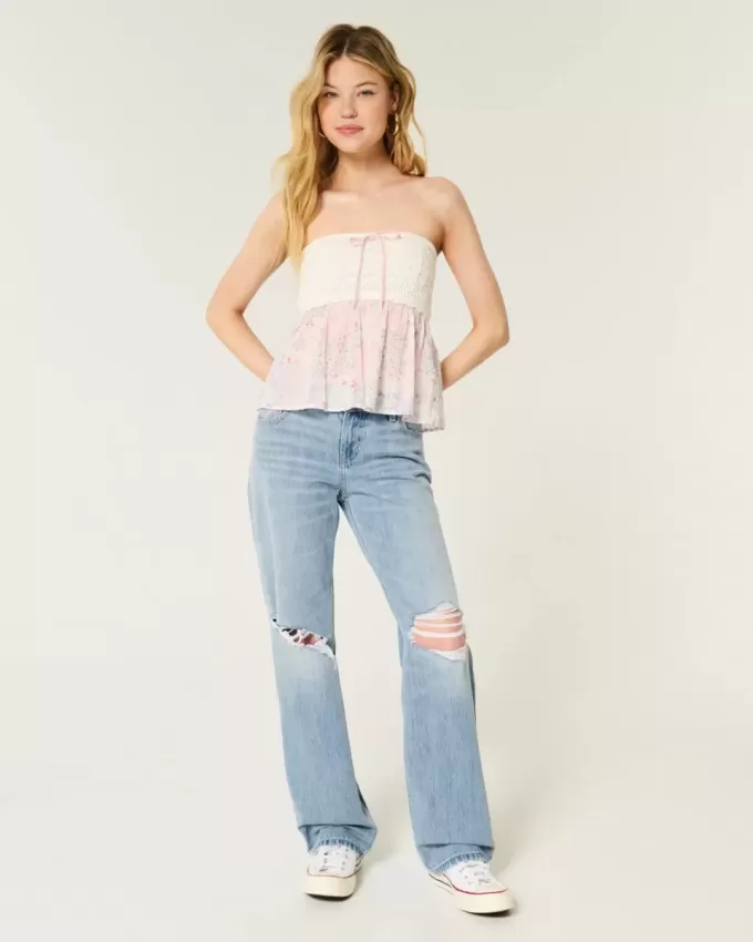 Low-Rise Ripped Light Wash Loose Jeans