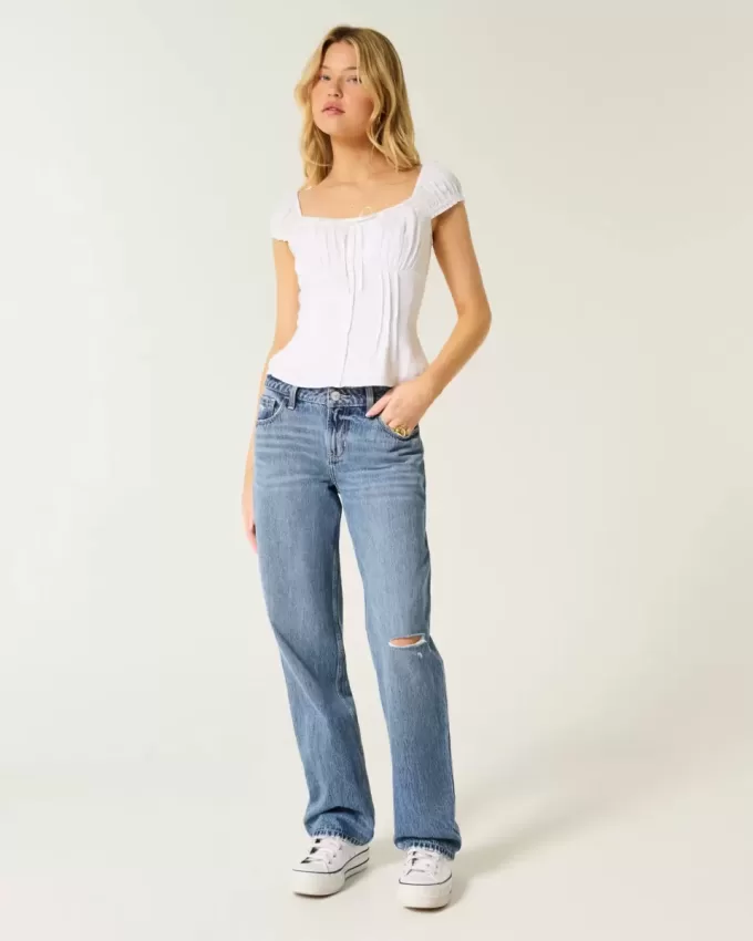 Low-Rise Ripped Medium Wash Loose Jeans