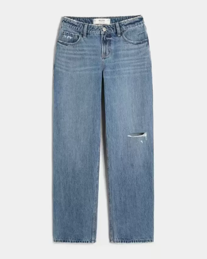 Low-Rise Ripped Medium Wash Loose Jeans