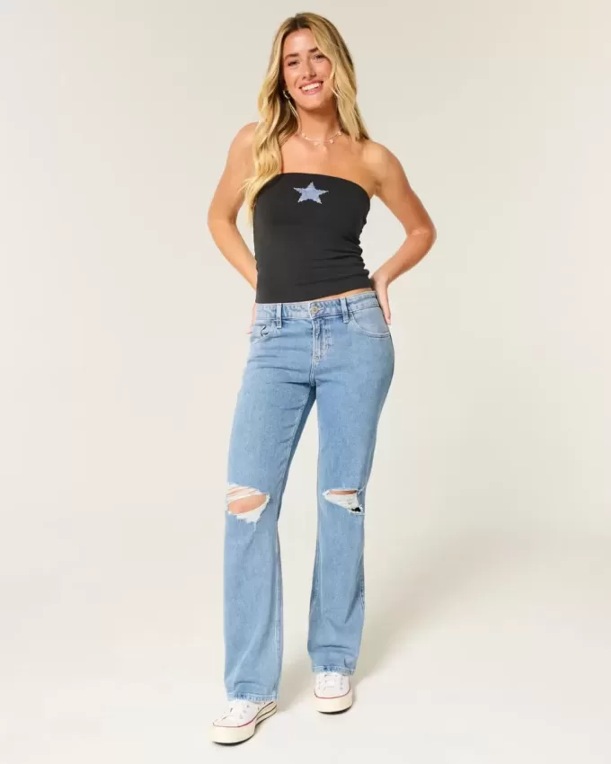 Low-Rise Ripped Medium Wash Relaxed Straight Jeans