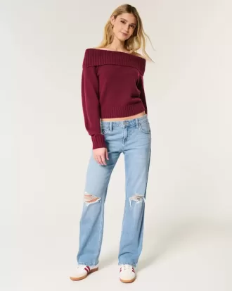 Low-Rise Ripped Medium Wash Relaxed Straight Jeans