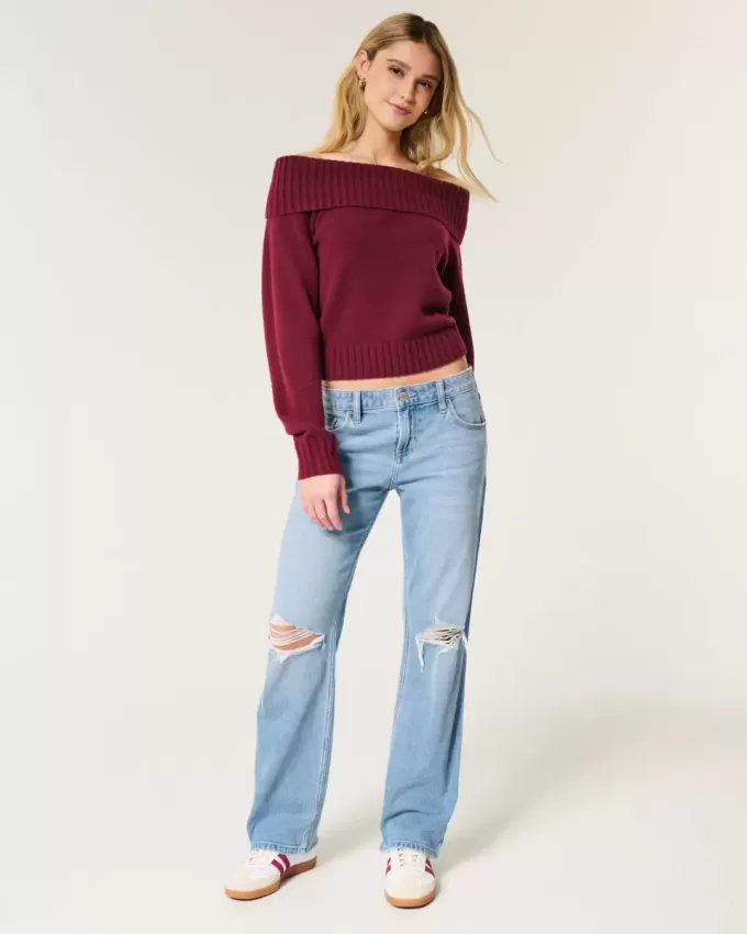 Low-Rise Ripped Medium Wash Relaxed Straight Jeans
