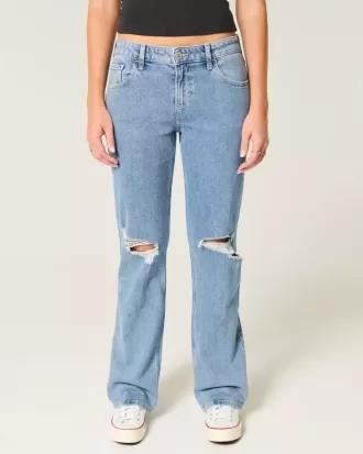 Low-Rise Ripped Medium Wash Relaxed Straight Jeans