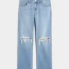 Low-Rise Ripped Medium Wash Relaxed Straight Jeans