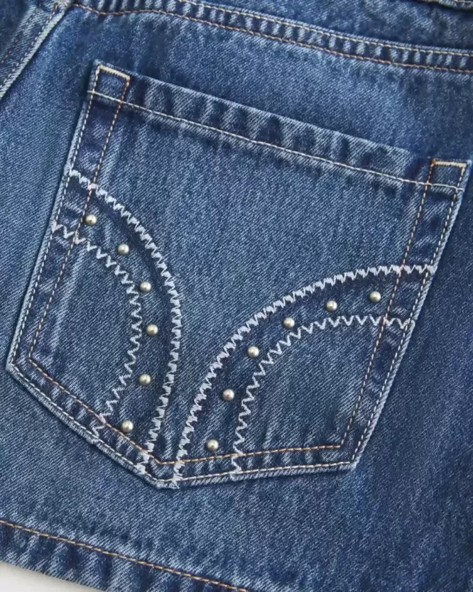 Low-Rise Studded Denim Mini Skort