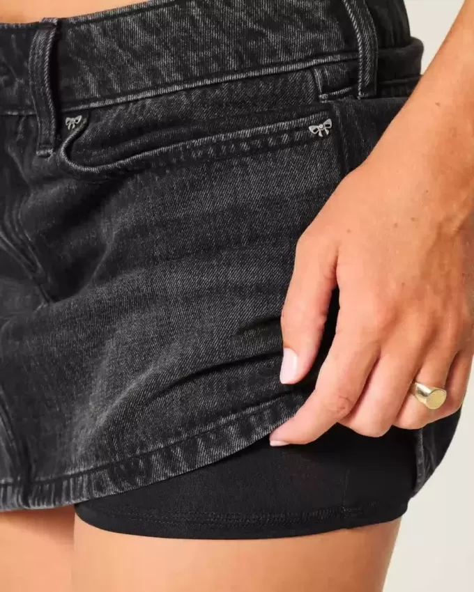 Low-Rise Washed Black Denim Mini Skort