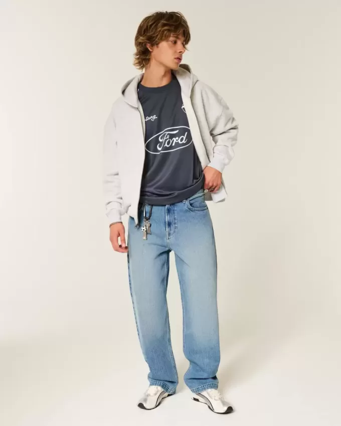 Medium Wash Eagle Graphic Baggy Jeans