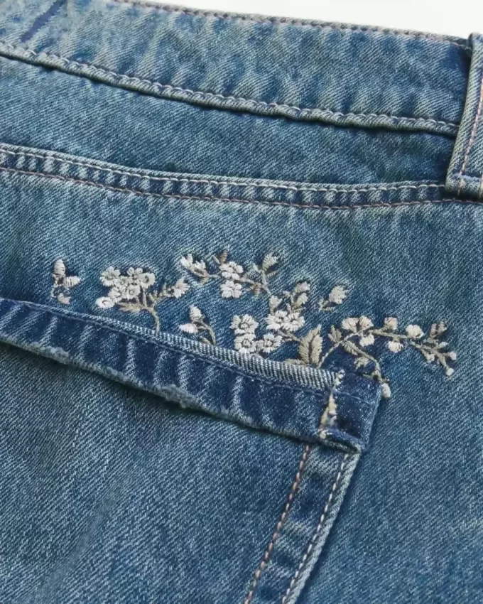 Medium Wash Embroidered Denim Mini Skort