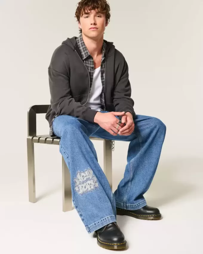 Medium Wash NYC Graphic Super Baggy Jeans Medium Wash NYC Graphic Super Baggy Jeans