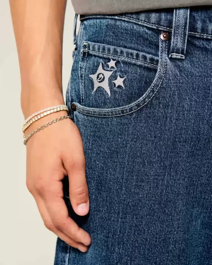 Medium Wash Star Graphic Skater Baggy Jeans