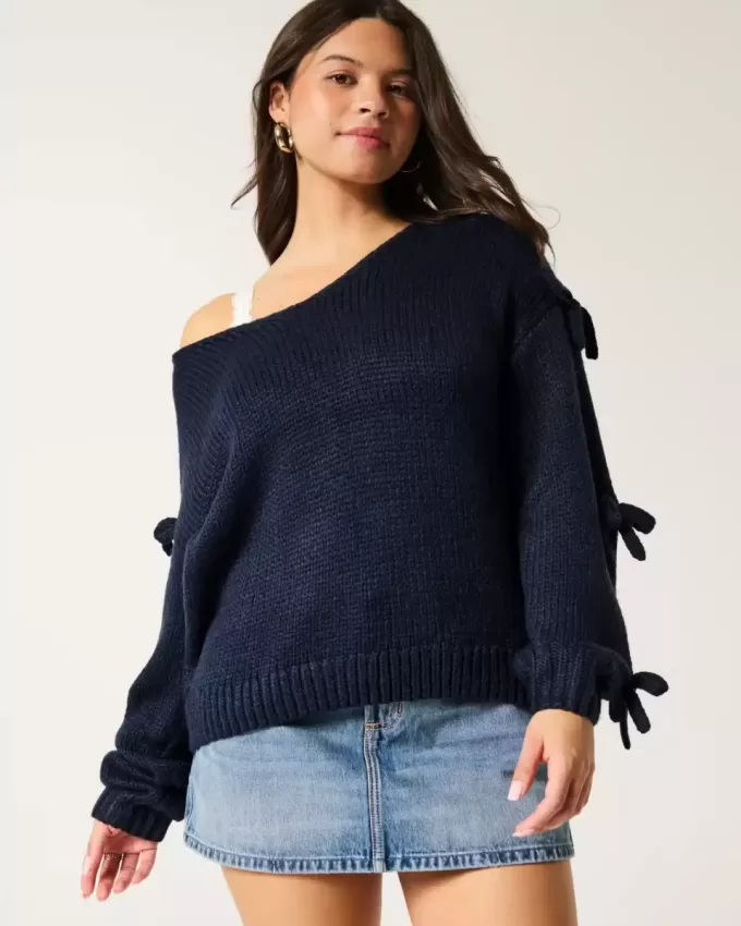 Off-the-Shoulder Bow Applique Sweater