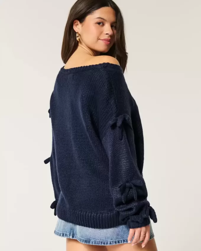 Off-the-Shoulder Bow Applique Sweater
